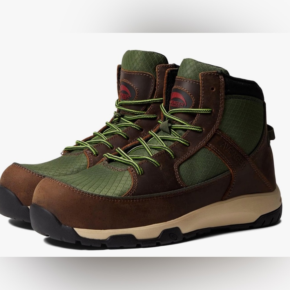 Avenger Work Boot - Edge Mid Brown/Green Metal Free Carbon Safety Toe US 10 1/2M